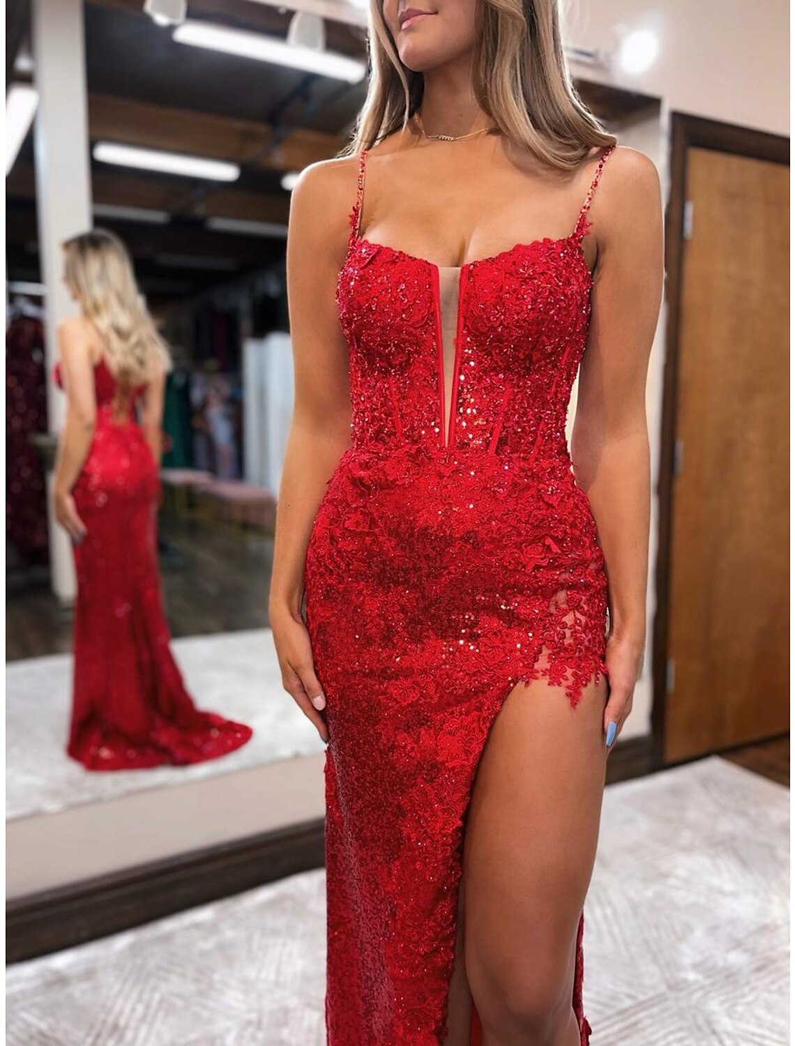 Mermaid / Trumpet Prom Dresses Sparkle & Shine Dress Formal Sweep / Brush Train Sleeveless Spaghetti Strap Backless with Beading Slit