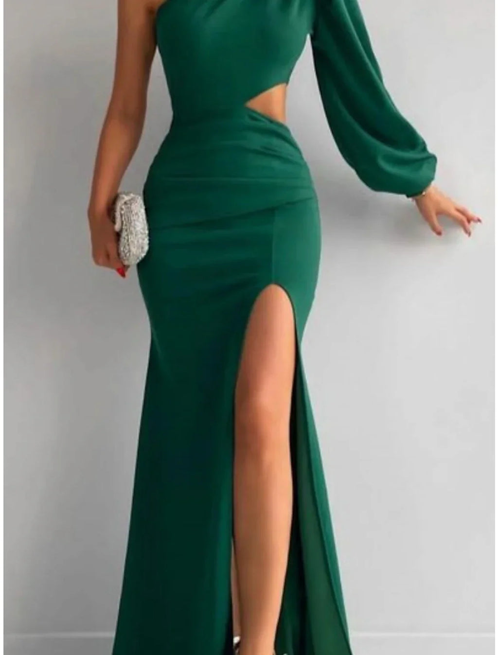 Green Evening Gown Elegant Dress Formal Sweep / Brush Train Christmas Red Dress Long Sleeve One Shoulder Fabric with Pleats Ruched Slit