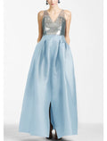 Evening Gown Color Block Dress Formal Prom Floor Length Sleeveless V Neck with Slit