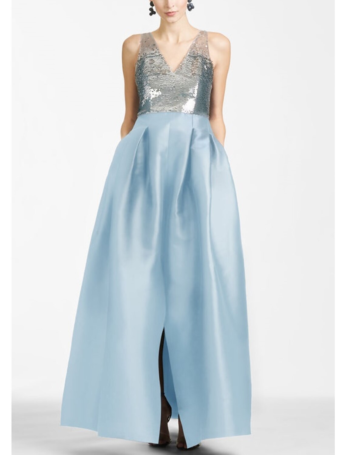 Evening Gown Color Block Dress Formal Prom Floor Length Sleeveless V Neck with Slit