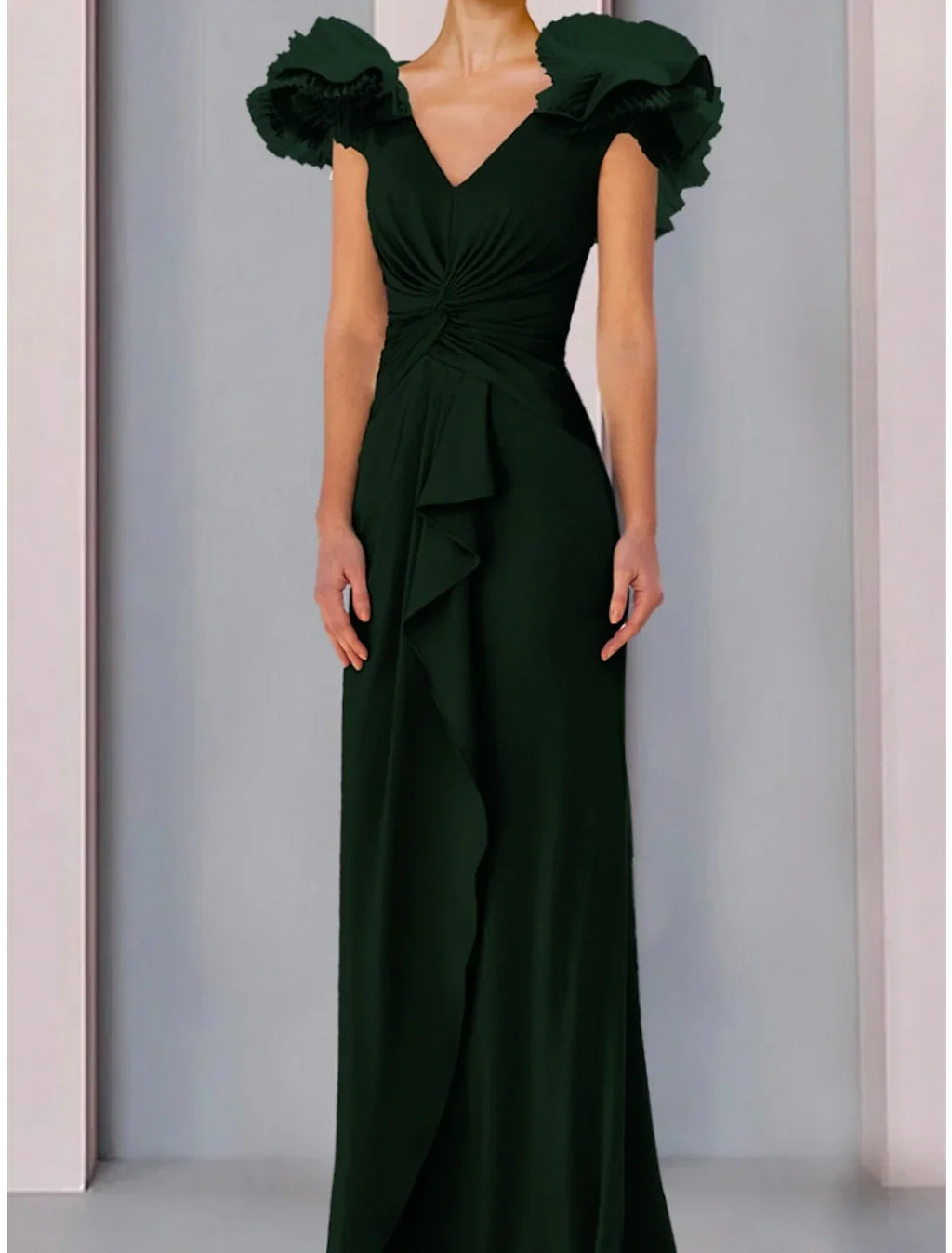 Mother of the Bride Dress Wedding Guest Elegant V Neck Floor Length Fabric Short Sleeve with Ruffles Ruching Solid Color