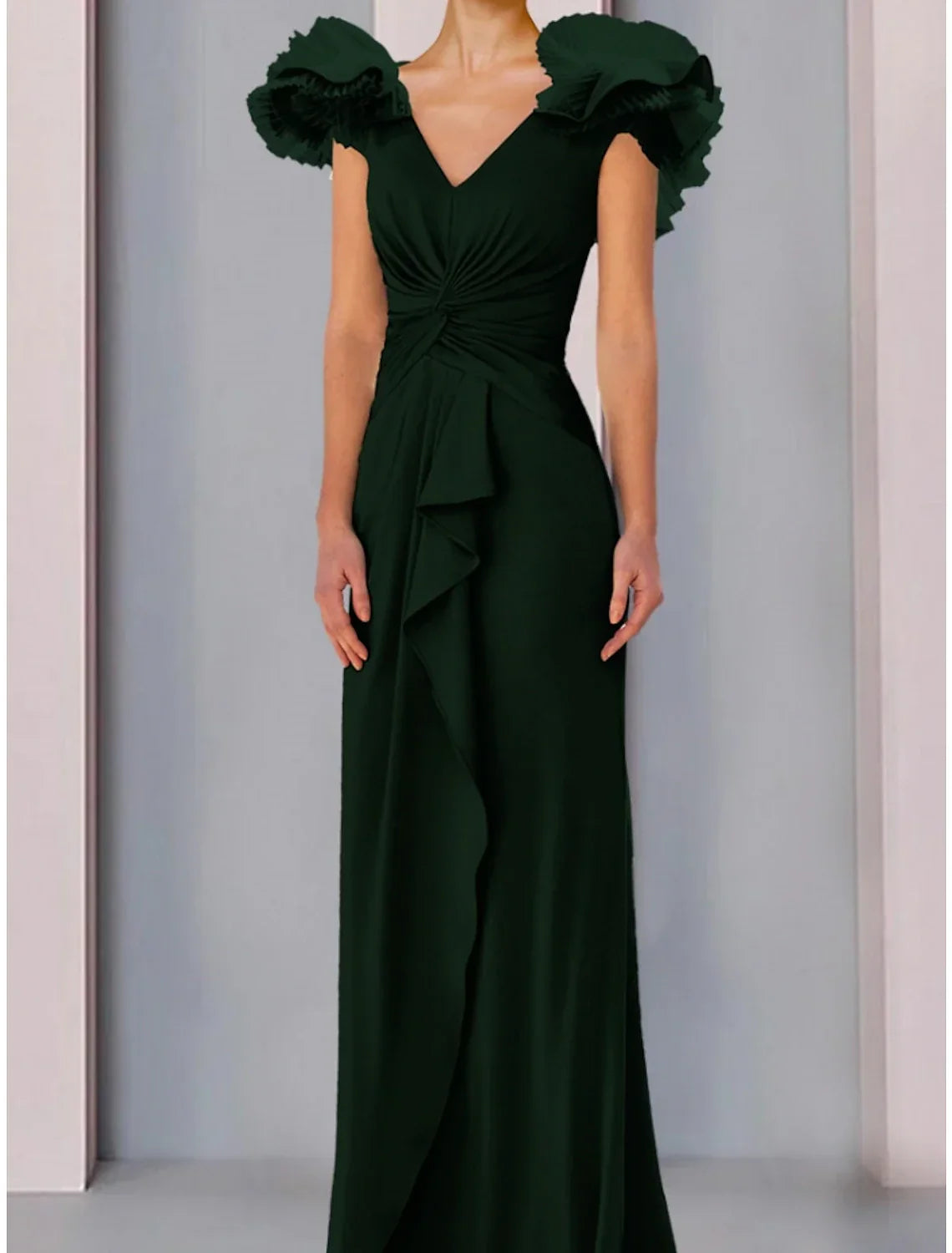 Mother of the Bride Dress Wedding Guest Elegant V Neck Floor Length Fabric Short Sleeve with Ruffles Ruching Solid Color
