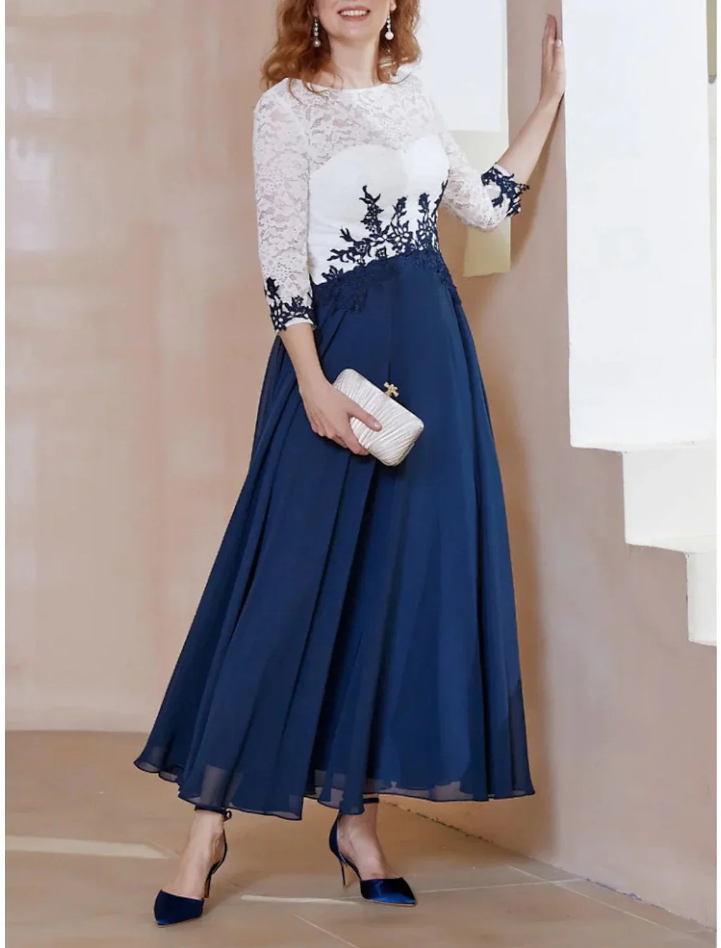 Mother of the Bride Dress Wedding Guest Elegant Scoop Neck Ankle Length 3/4 Length Sleeve with Ruching