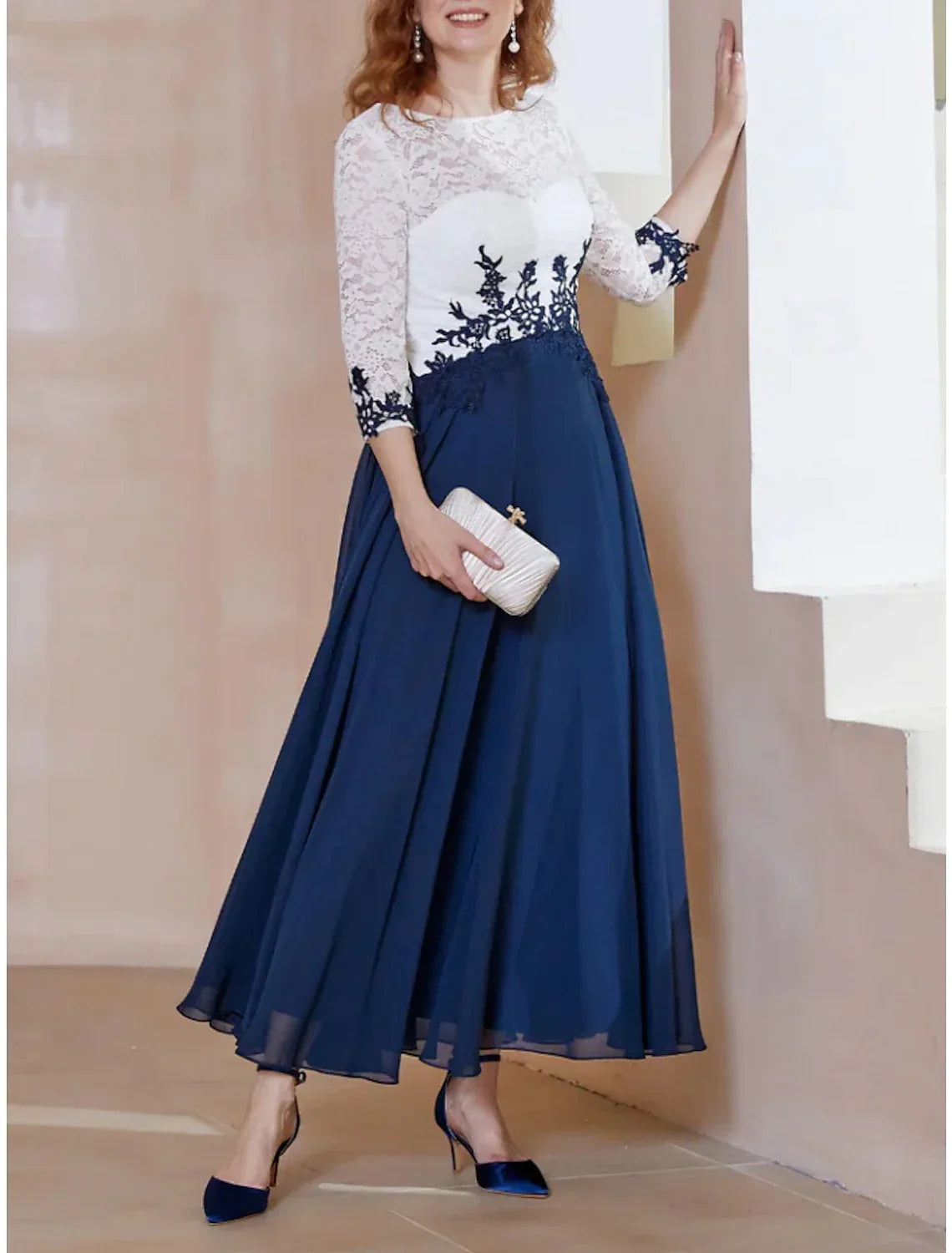 Mother of the Bride Dress Wedding Guest Elegant Scoop Neck Ankle Length 3/4 Length Sleeve with Ruching