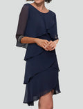 Navy Blue Beaded-Cuff Layered Chiffon Cocktail Prom Dress