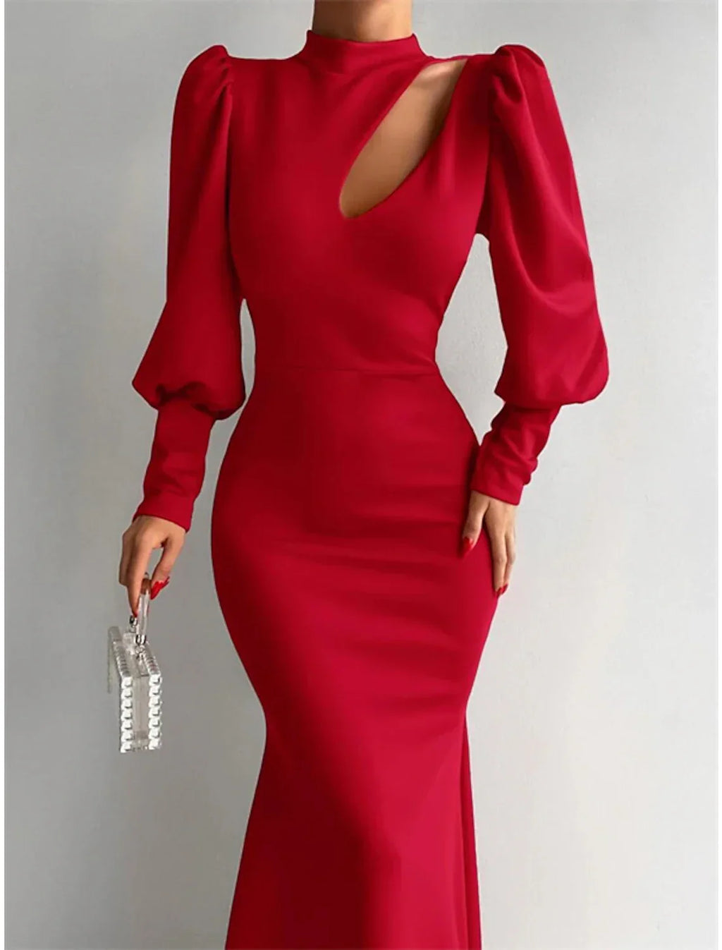 Green Mermaid Evening Gown Elegant Dress Formal Christmas Red Dress Sweep / Brush Train Long Sleeve High Neck with Ruched