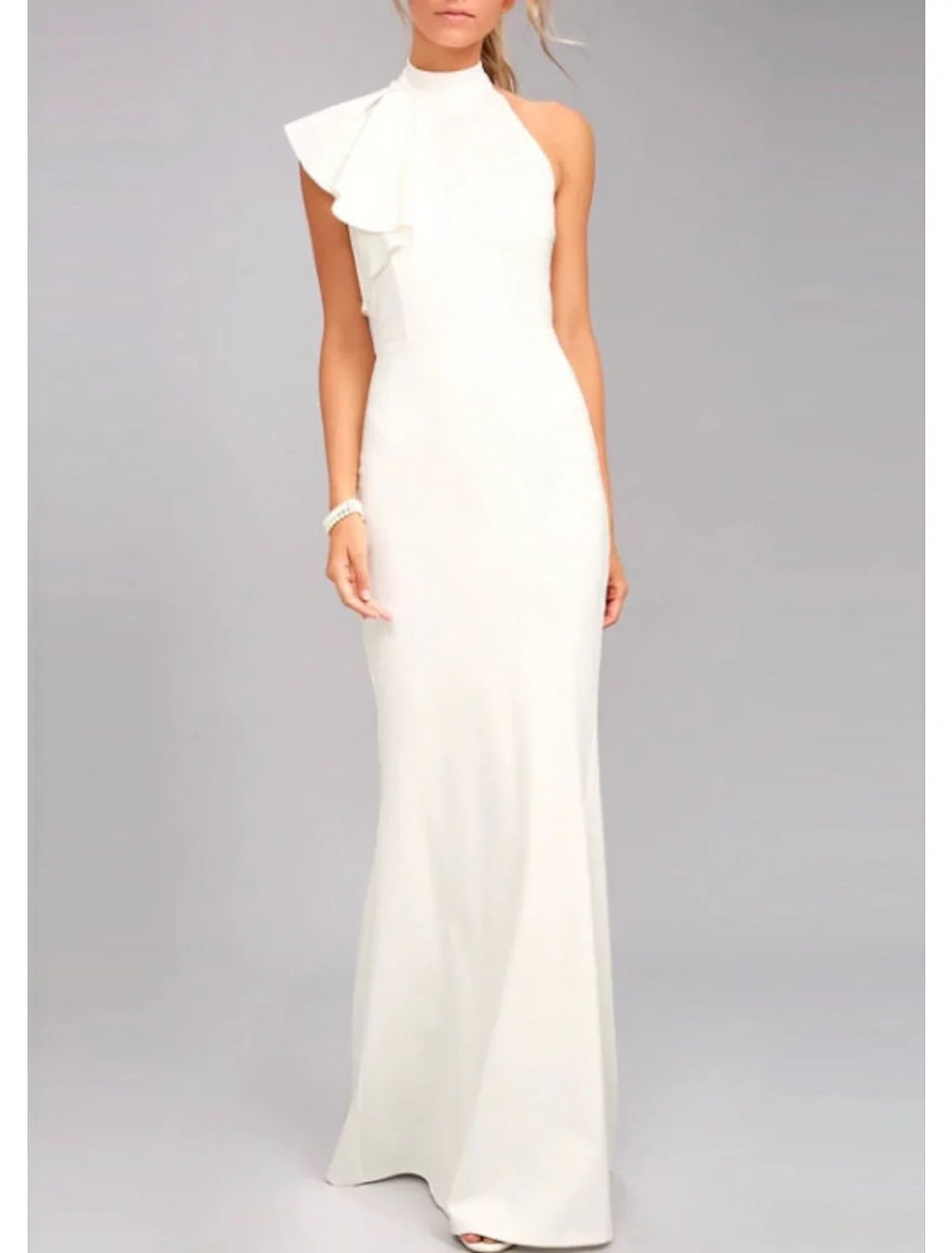Sheath / Column Evening Gown Elegant Dress Valentine's Day Wedding Guest Floor Length Sleeveless High Neck with Ruffles