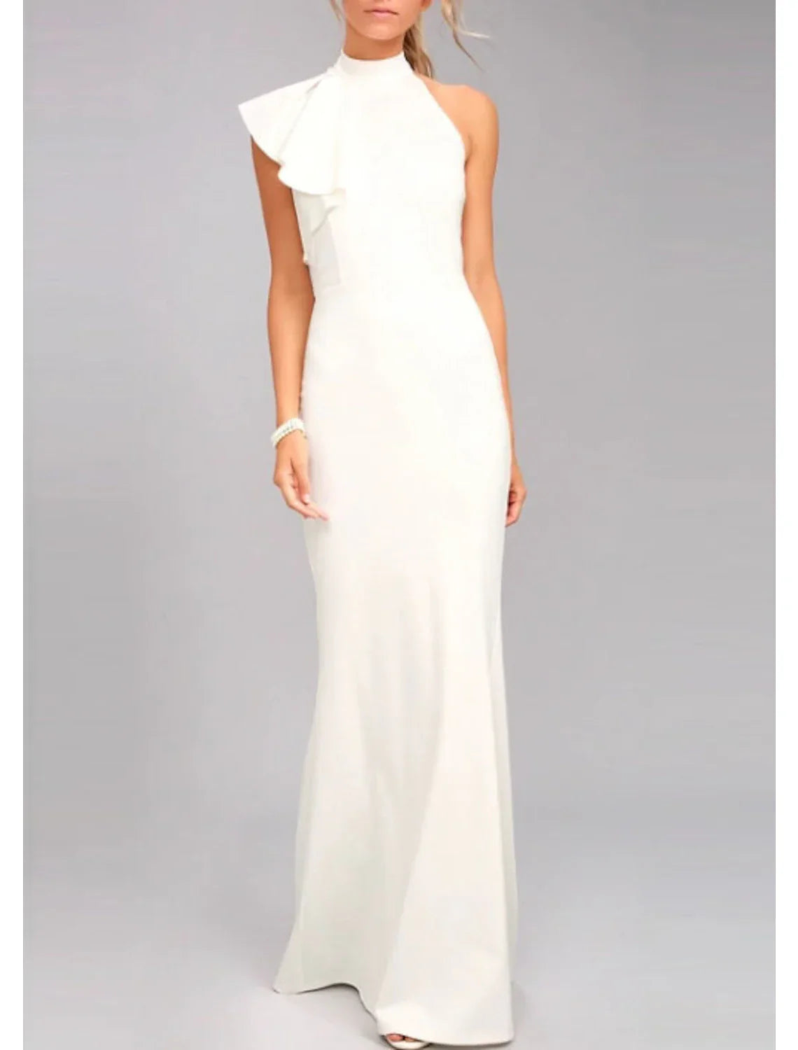 Sheath / Column Evening Gown Elegant Dress Valentine's Day Wedding Guest Floor Length Sleeveless High Neck with Ruffles