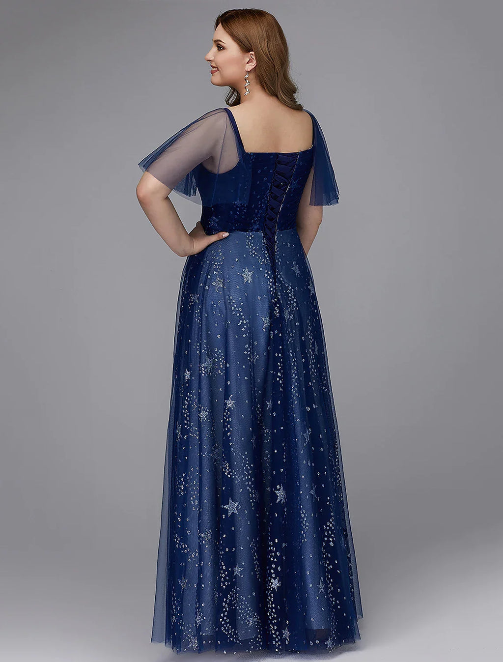 Plus Size Dress Prom Floor Length Short Sleeve TulleLace-up with Beading Pattern Print