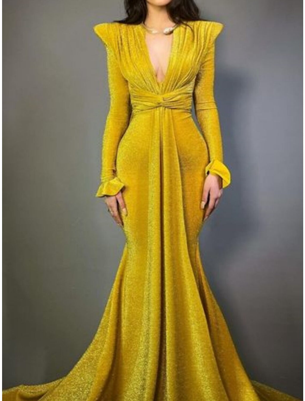 Evening Gown Elegant Dress Formal Court Train Christmas Long Sleeve V Neck Lurex Fabric with Glitter Pleats Ruched