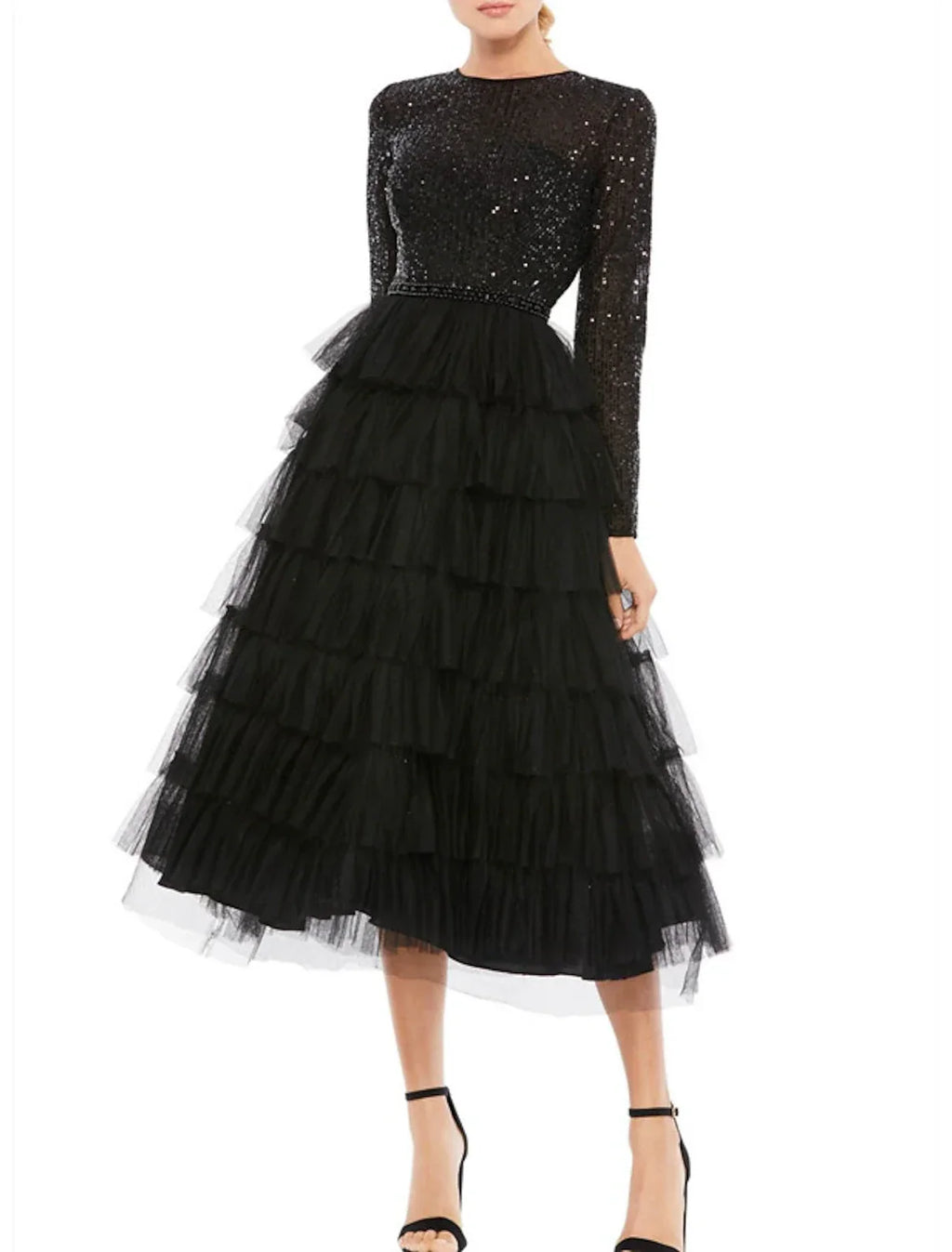 Black Cocktail Dresses Sparkle Dress Plus Size Party Wear Wedding Guest Tea Length Long Sleeve Jewel Neck Fall Wedding Guest with Tiered