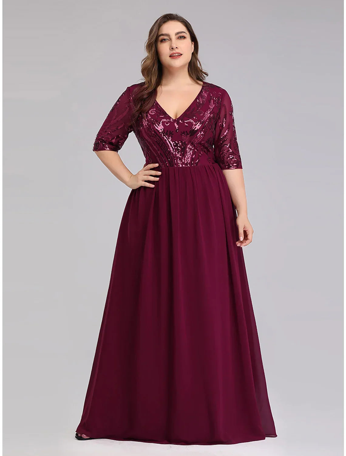 Plus Size Dress Wedding Guest Floor Length Half Sleeve Plunging