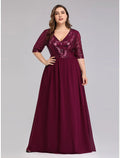 Plus Size Dress Wedding Guest Floor Length Half Sleeve Plunging Neck