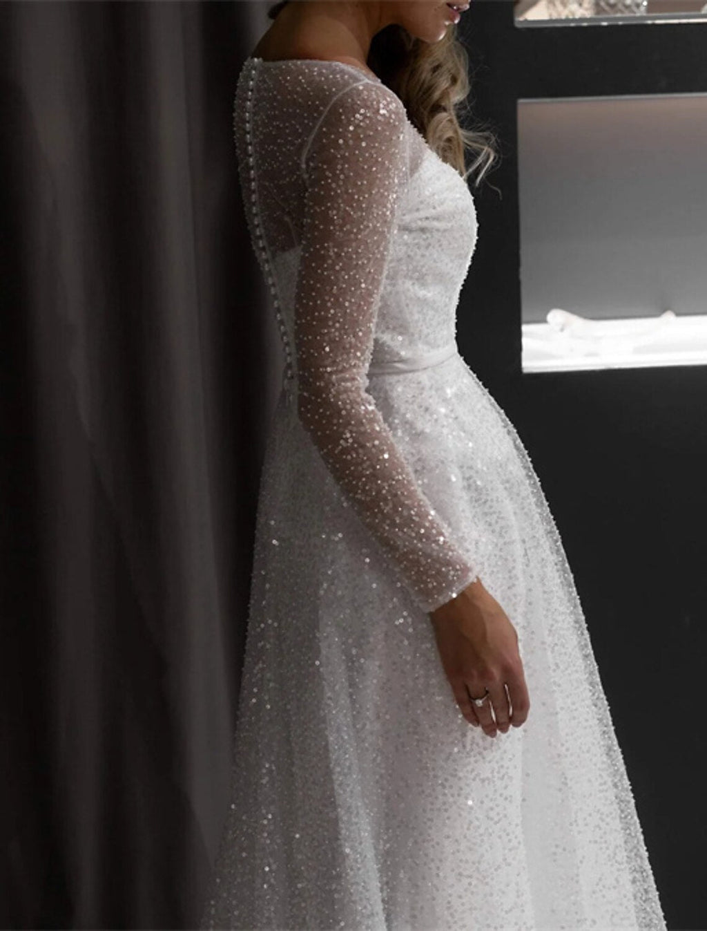 Evening Gown Sparkle & Shine Dress Wedding Court Train Long Sleeve Jewel Neck Fall Wedding Reception with Glitter