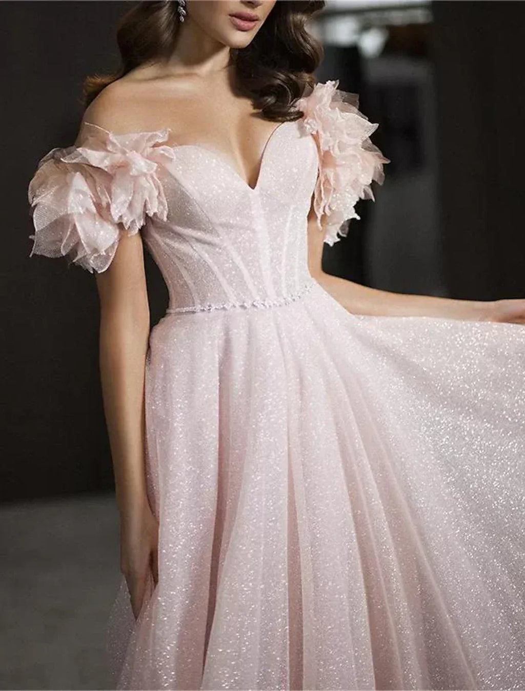 Glittering Dress Prom Birthday Floor Length Sleeveless Off Shoulder with Glitter Crystals