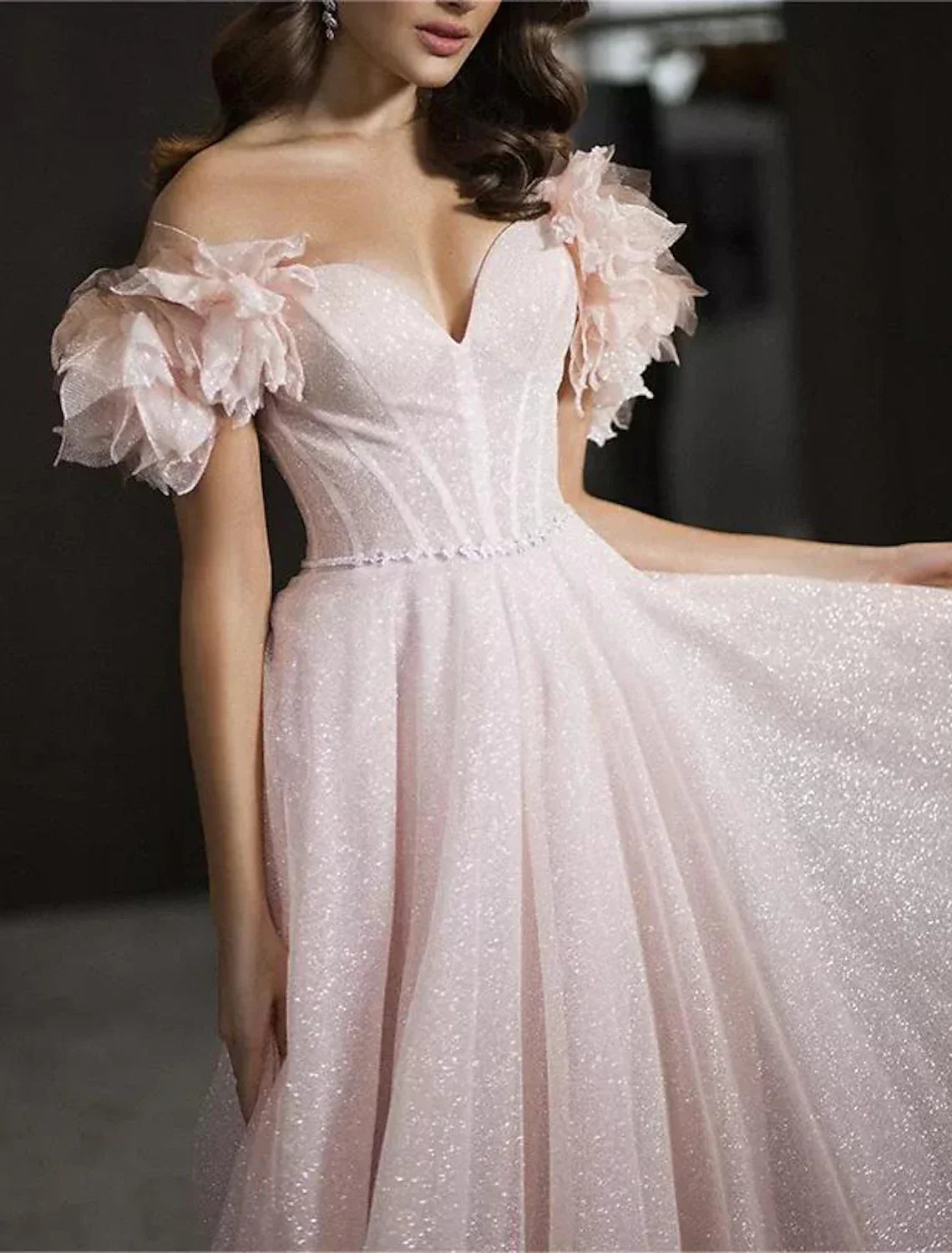 Glittering Dress Prom Birthday Floor Length Sleeveless Off Shoulder with Glitter Crystals