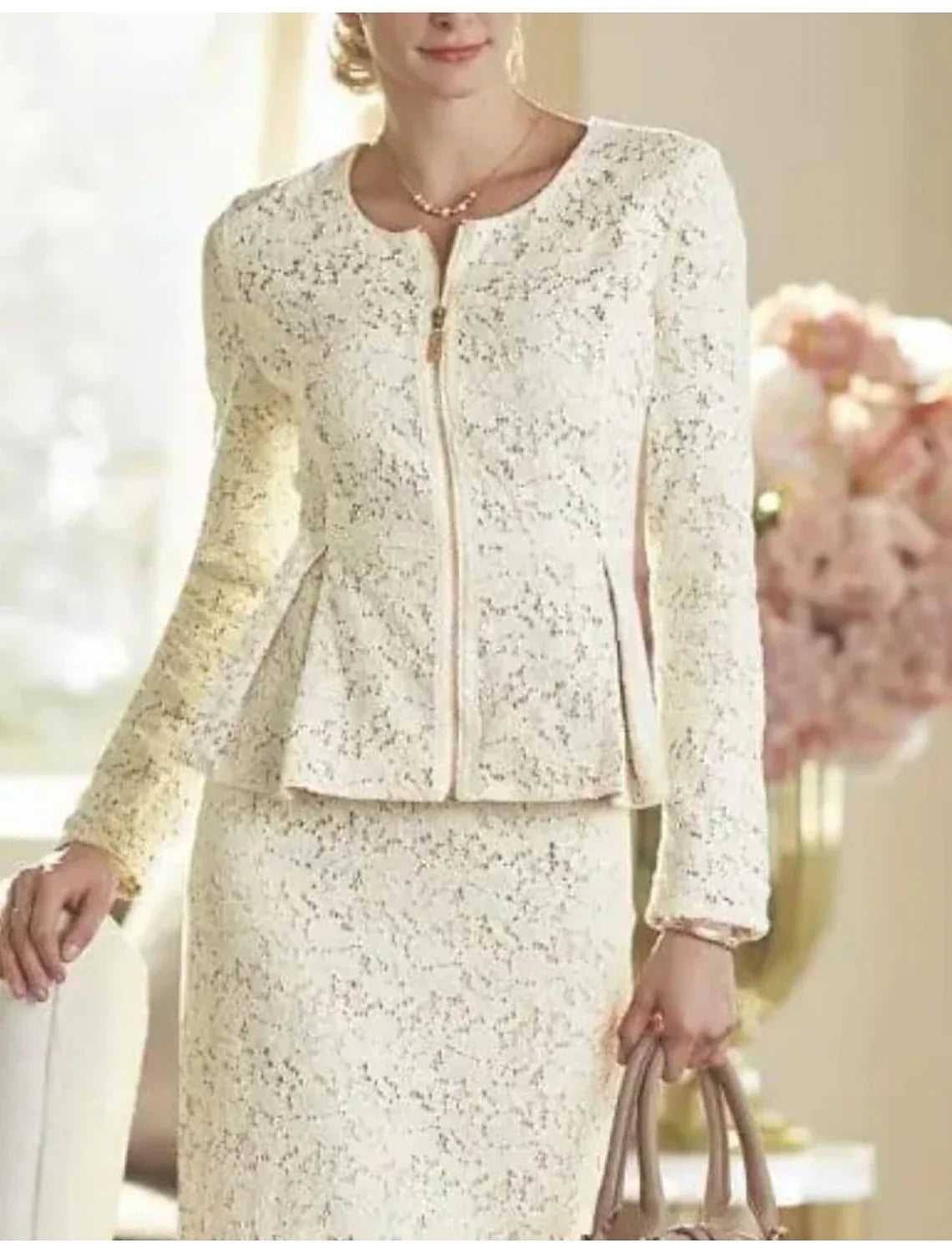 Two Piece Sheath / Column Mother of the Bride Dress Wedding Guest Party Elegant Winter With Jacket Long Sleeve Scoop Neck Knee Length Solid Color