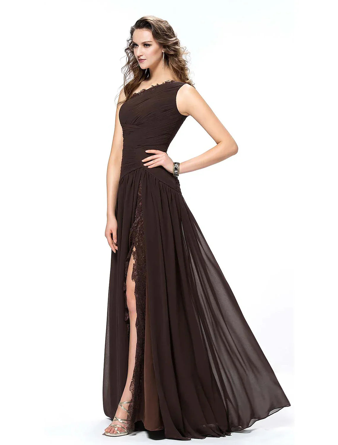 Sexy Party Wear Formal Evening Dress One Shoulder Backless Sleeveless Floor Length with Slit Insert