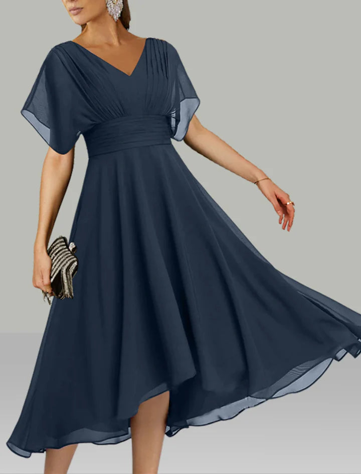 Navy Blue V-Neck Dolman Sleeve Chiffon High-Low Prom Dress