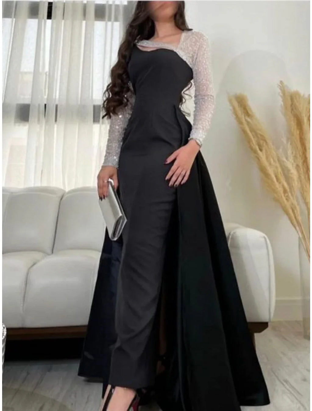 Black Sheath / Column Evening Gown Elegant Dress Formal Floor Length Dress Long Sleeve Scoop Neck with Pleats