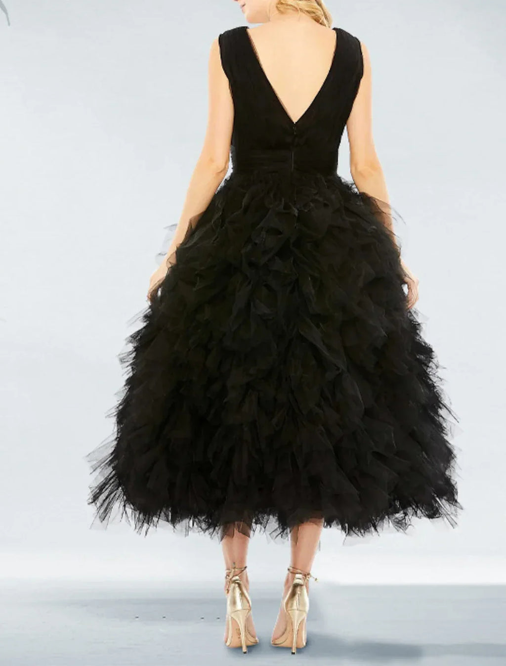 Black Ball Gown Prom Dress Plus Size Vintage Dress Wedding Party Birthday Tea Length Sleeveless V Neck with Pleats