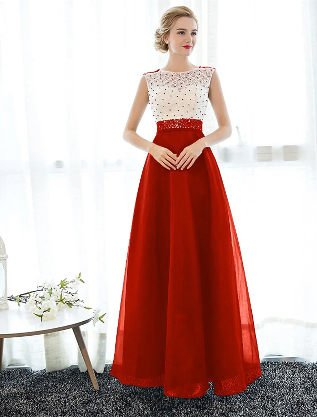 Back Elegant Beaded & Prom Formal Evening Dress Illusion Neck Sleeveless Floor Length Over with Beading