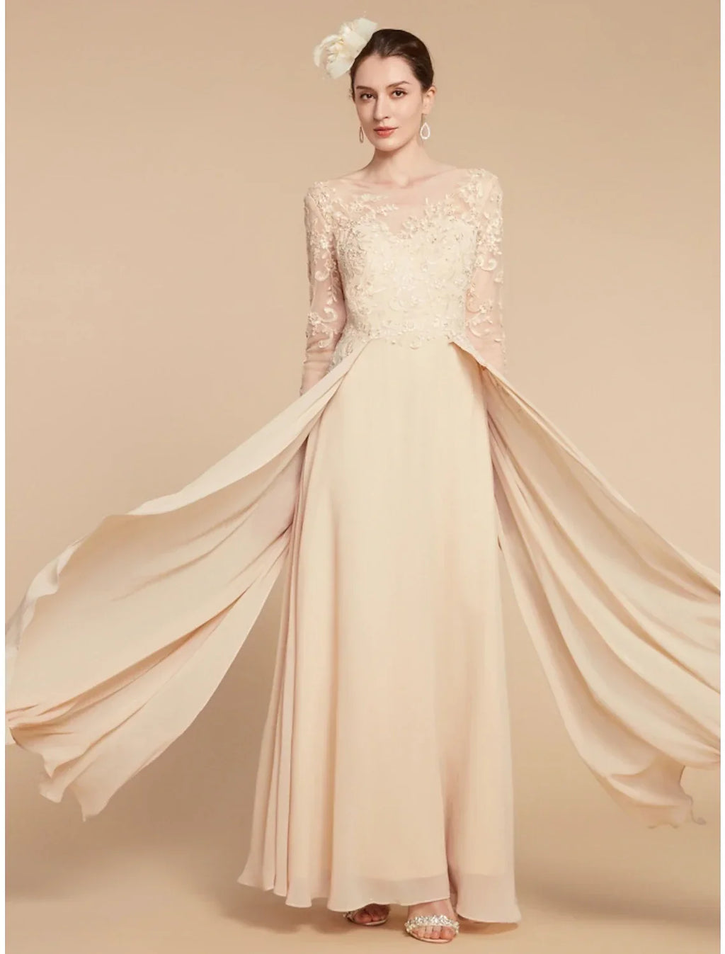 Mother of the Bride Dress Wedding Guest Elegant Jewel Neck Ankle Length Long Sleeve with Ruching Solid Color