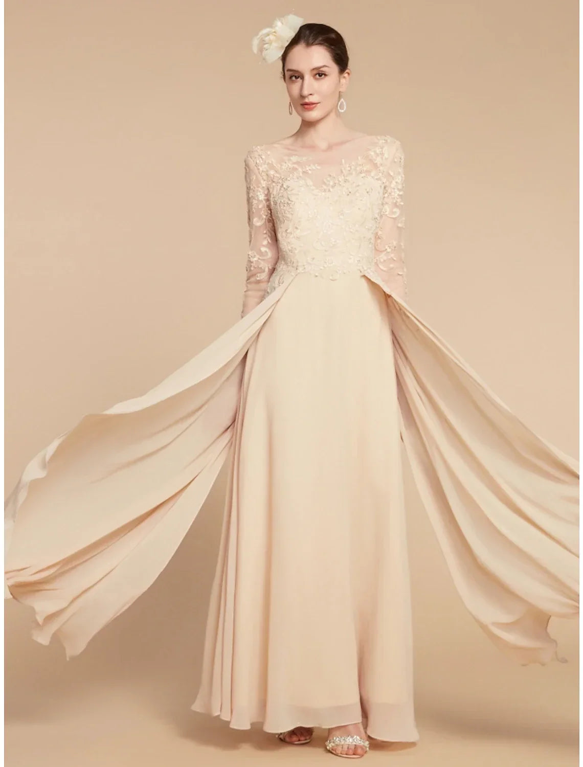 Mother of the Bride Dress Wedding Guest Elegant Jewel Neck Ankle Length Long Sleeve with Ruching Solid Color