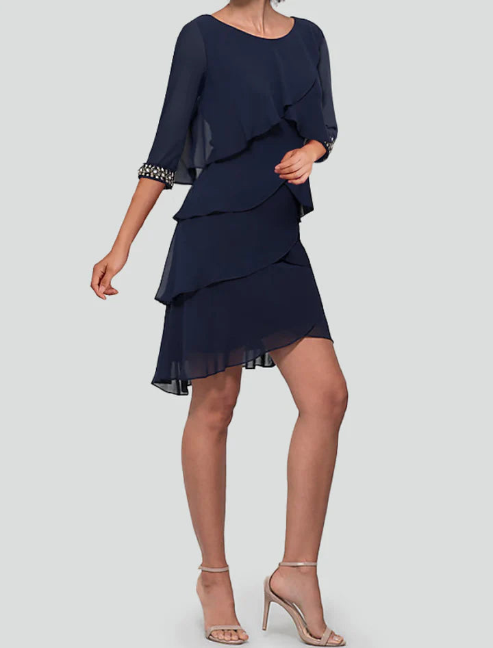 Navy Blue Beaded-Cuff Layered Chiffon Cocktail Prom Dress