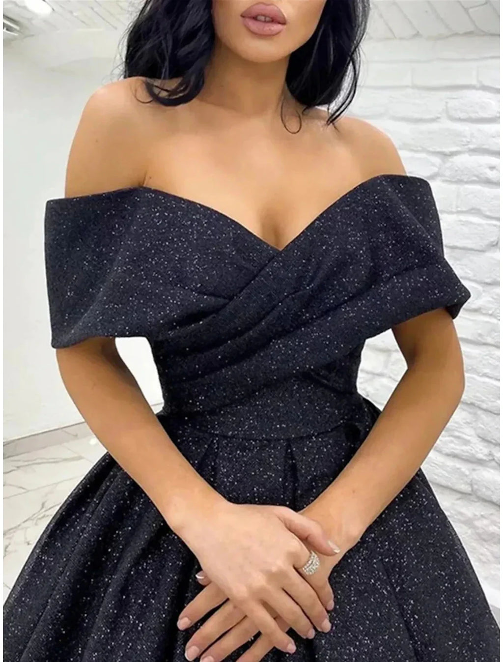 Black Sparkle Champagne Gold Dress Black Tie Carival Sweep / Brush Train Short Sleeve Off Shoulder with Glitter Pleats