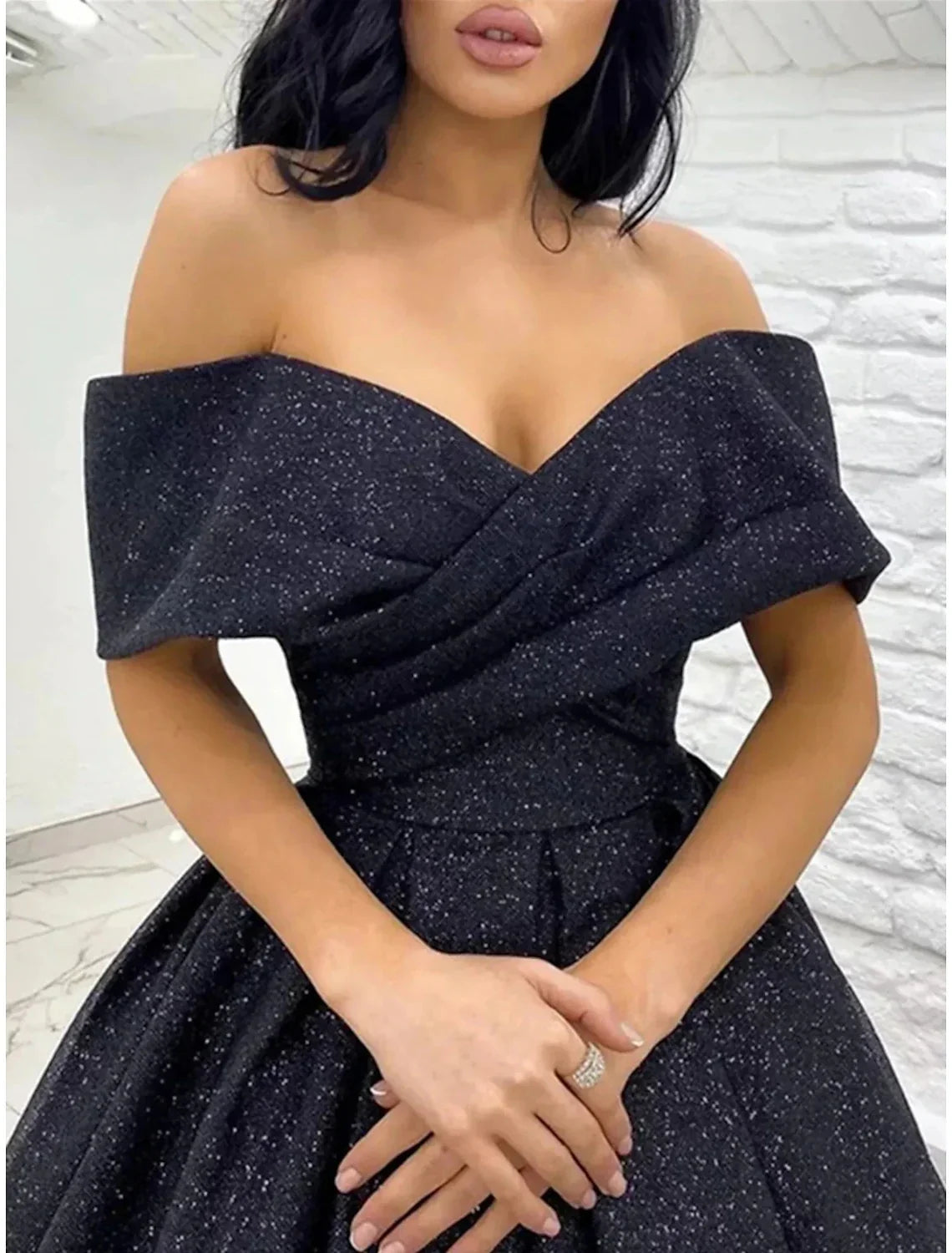 Black Sparkle Champagne Gold Dress Black Tie Carival Sweep / Brush Train Short Sleeve Off Shoulder with Glitter Pleats