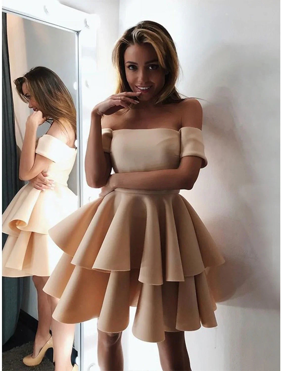 Pink Cocktail Dresses Minimalist Dress Graduation Knee Length Short Sleeve Off Shoulder Pink Dress with Tie