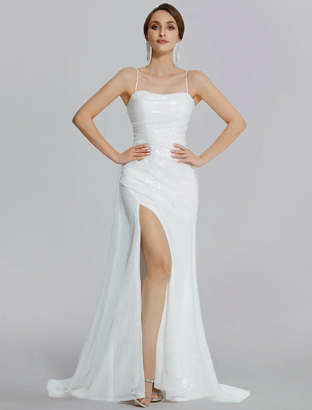 Mermaid / Trumpet Prom Dresses Sparkle Dress Wedding Floor Length Sleeveless Cowl Neck with Ruched Slit