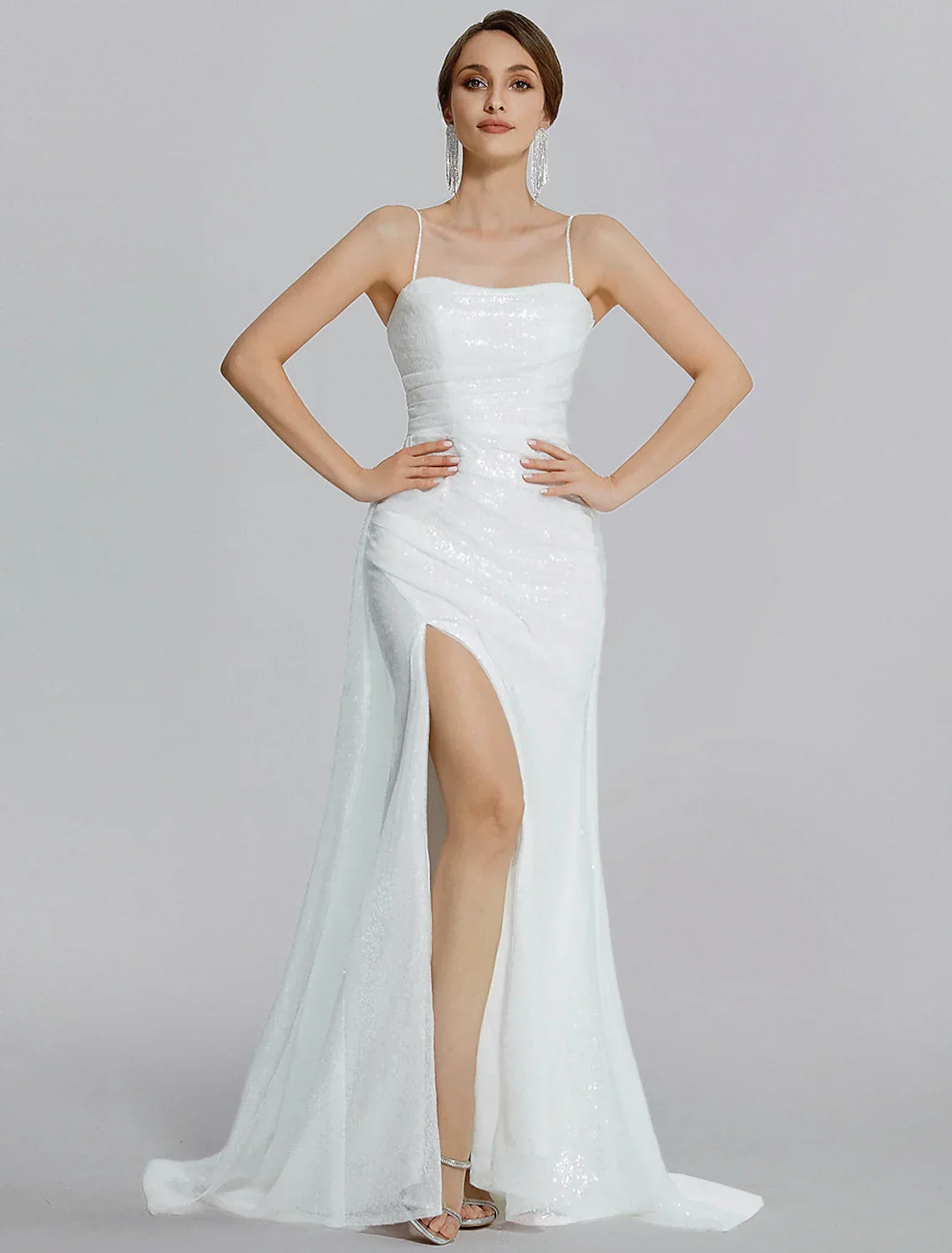 Mermaid / Trumpet Prom Dresses Sparkle Dress Wedding Floor Length Sleeveless Cowl Neck with Ruched Slit