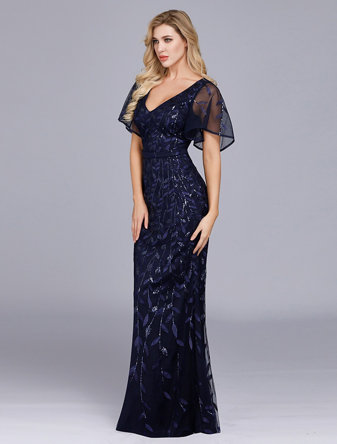 Mermaid / Trumpet Evening Gown Empire Dress Party Wear Floor Length Short Sleeve Jewel Neck with Ruffles Embroidery