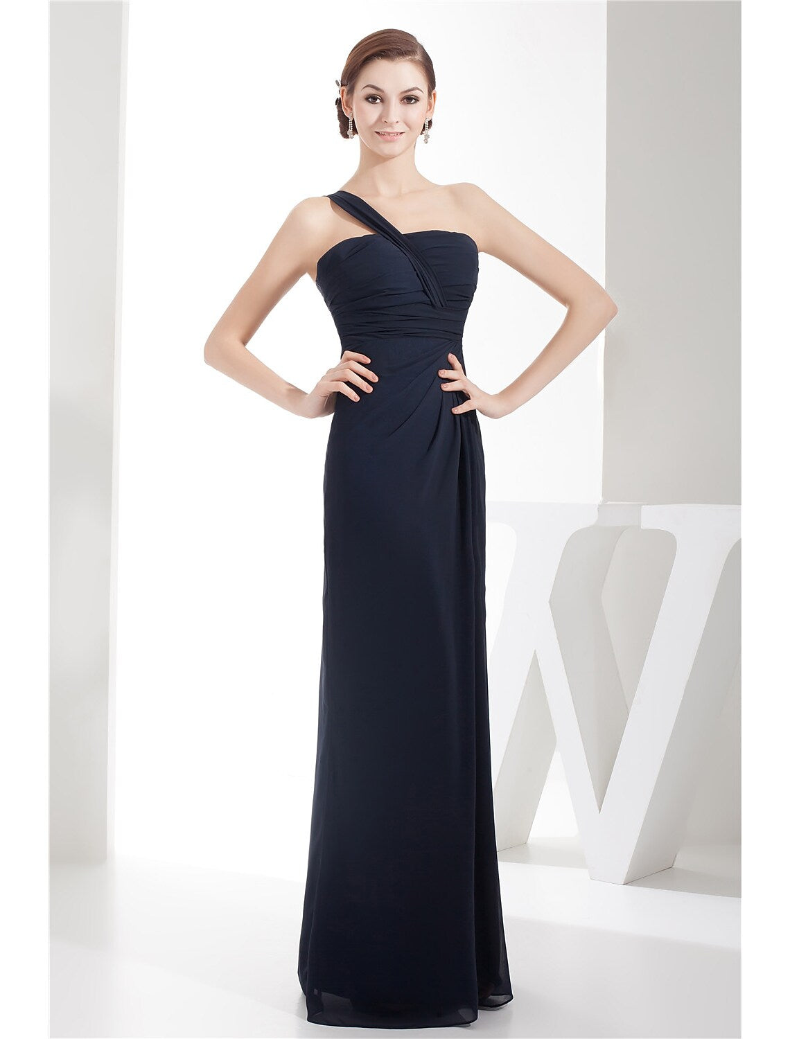 Evening Gown Dress Wedding Floor Length Sleeveless One Shoulder with Ruched