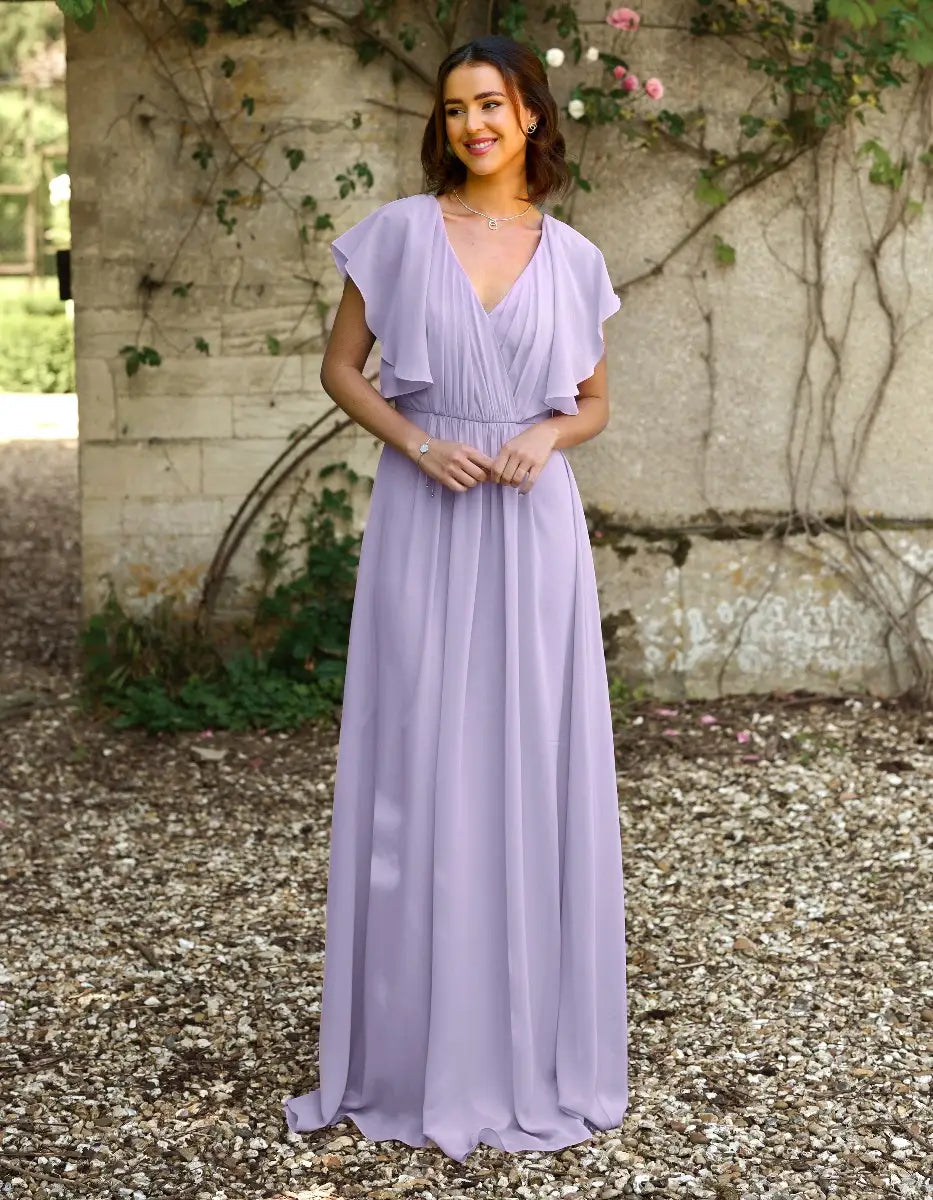 a modern draped bodice with lightweight angel sleeves