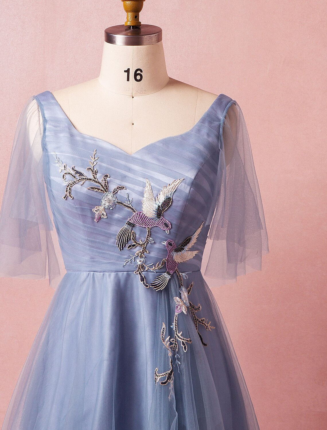 Chinese Style Dress Prom Floor Length Half Sleeve V Neck with Ruched Embroidery