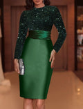 Green Sheath Evening Gown Elegant Dress Red Dress Knee Length Long Sleeve High Neck