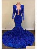 Mermaid / Trumpet Evening Gown Sparkle & Shine Dress Formal Court Train Long Sleeve V Neck African American with Beading