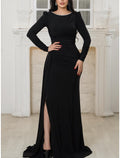 Black Evening Gown Elegant Dress Formal Sweep / Brush Train Dress Long Sleeve Scoop Neck Fabric with Pleats Ruched