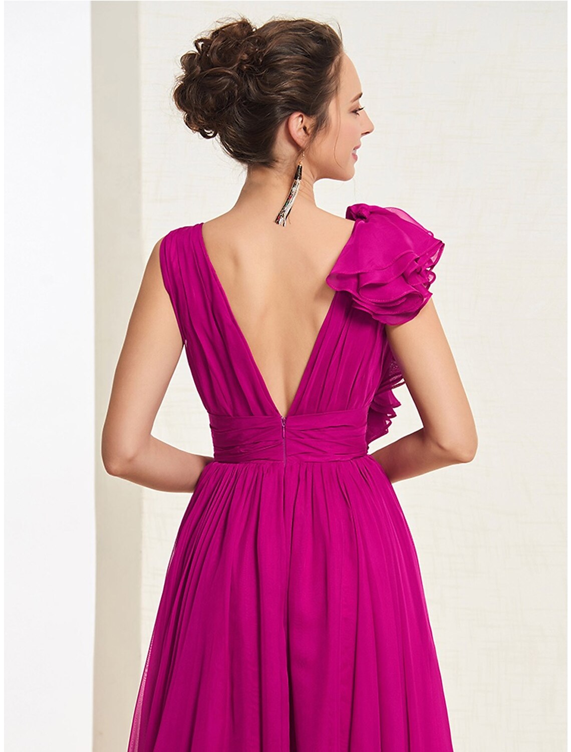 Evening Gown Open Back Dress Wedding Guest Sweep / Brush Train Sleeveless V Neck Wednesday Addams Family Backless with Pleats Ruched Ruffles