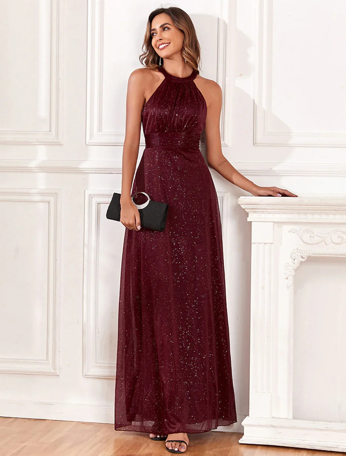Evening Gown Empire Dress Evening Party Dress Wedding Reception Floor Length Sleeveless Halter Neck Backless V Back with Glitter