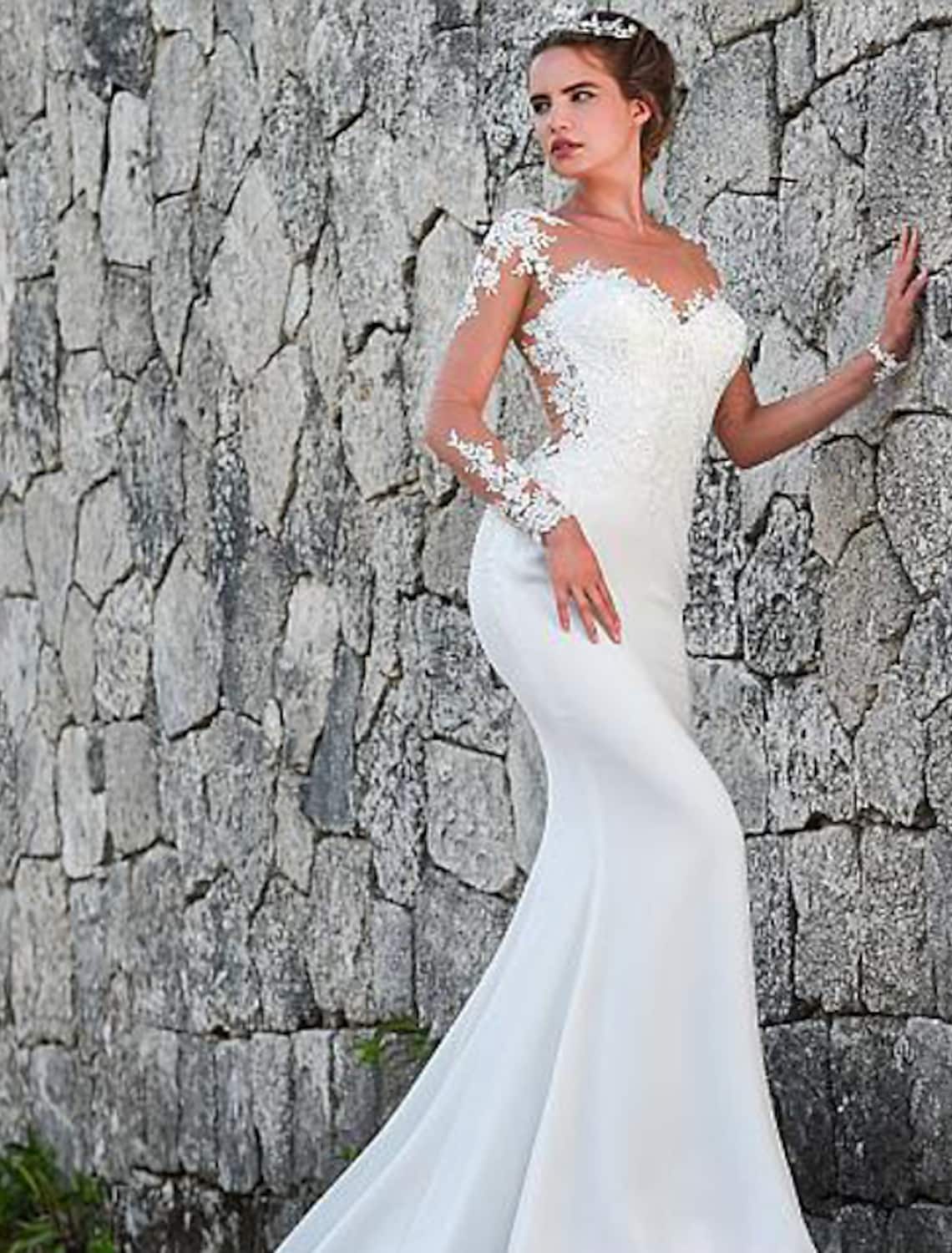 Engagement Open Back Formal Wedding Dresses Long Sleeve Appliques