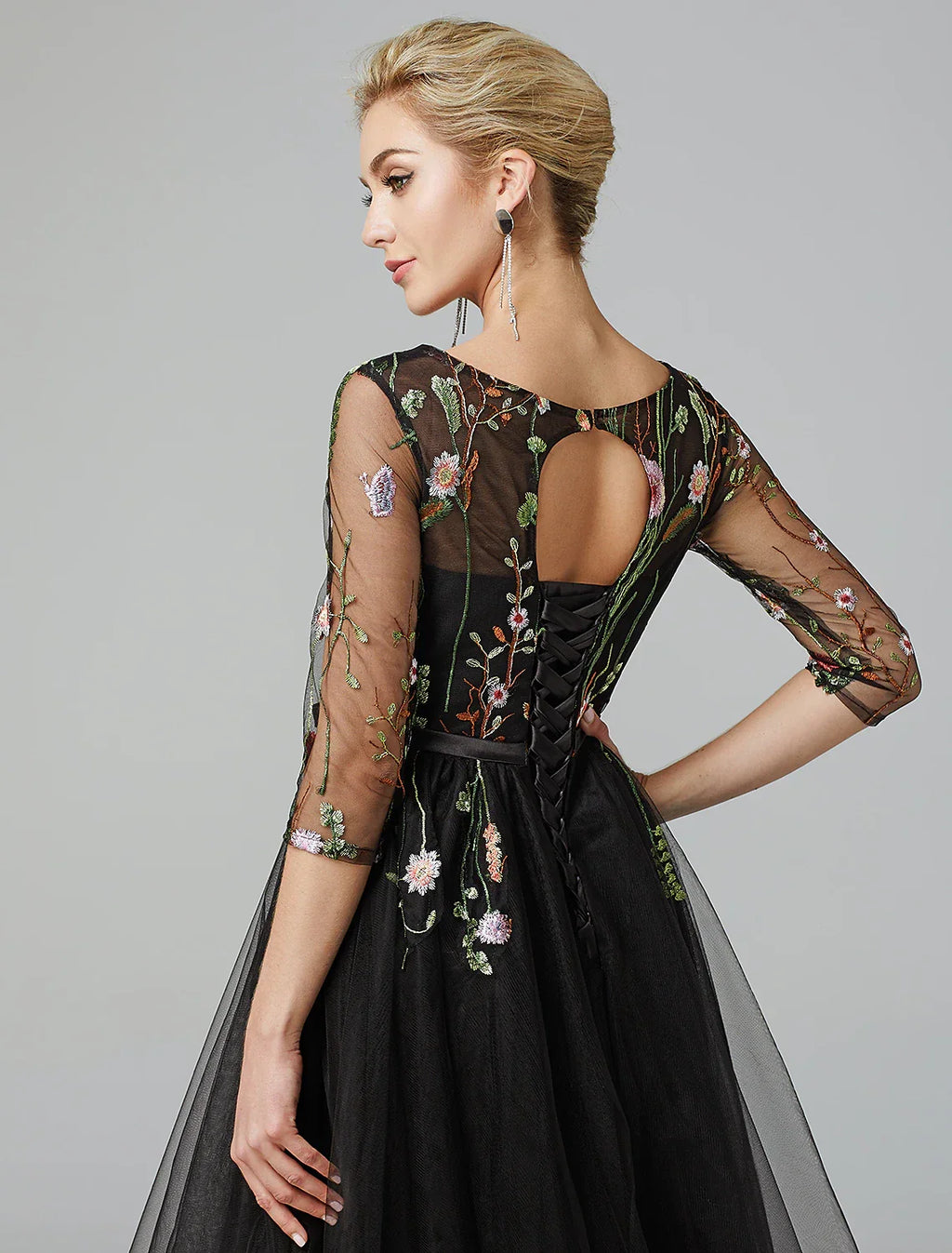 Black Little Dress Dress Wedding Guest Knee Length Long Sleeve Illusion Neck Wednesday Addams Family with Embroidery Appliques