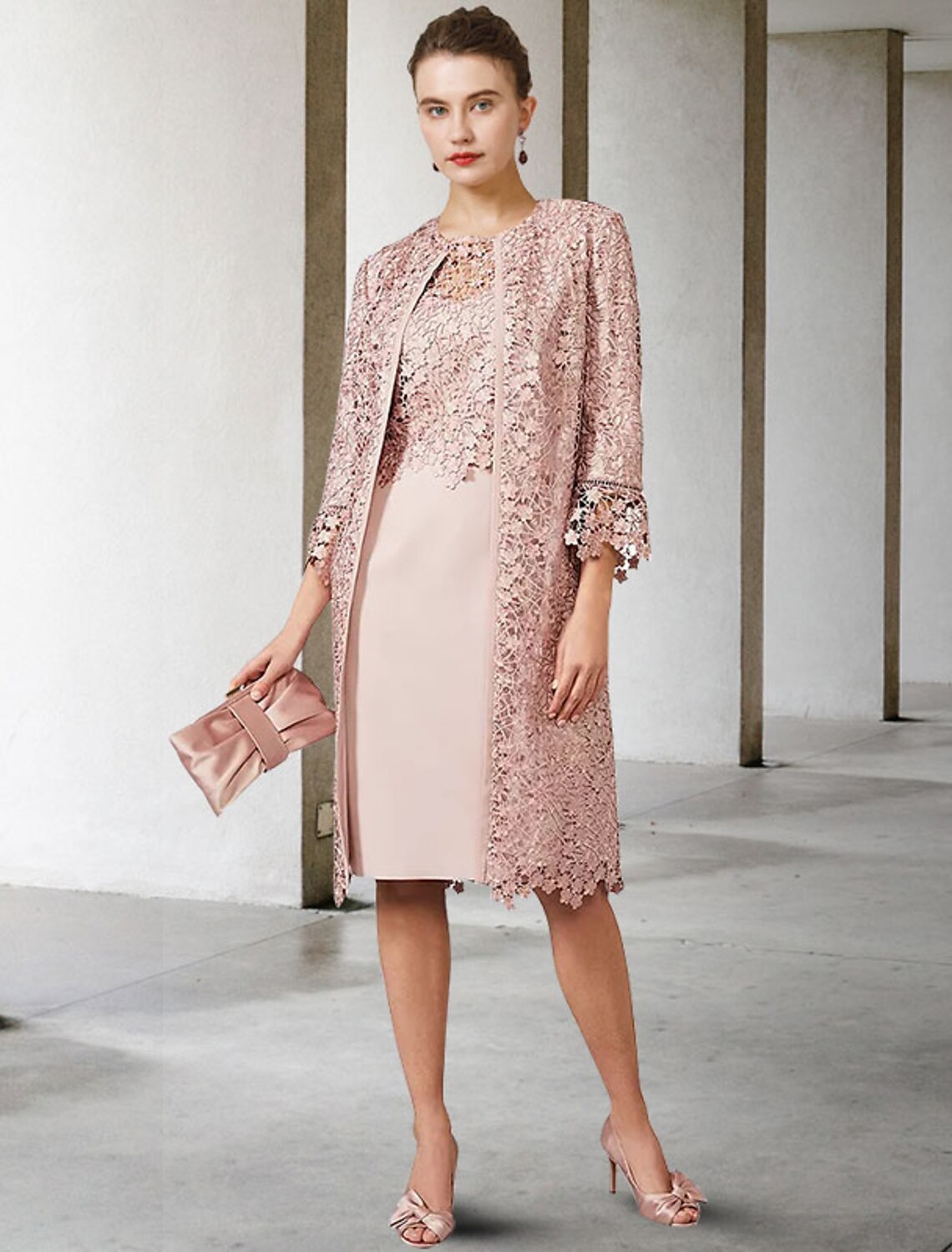Two Piece Sheath / Column Mother of the Bride Dress Church Elegant Jewel Neck Knee Length Short Sleeve Jacket Dresses with Appliques