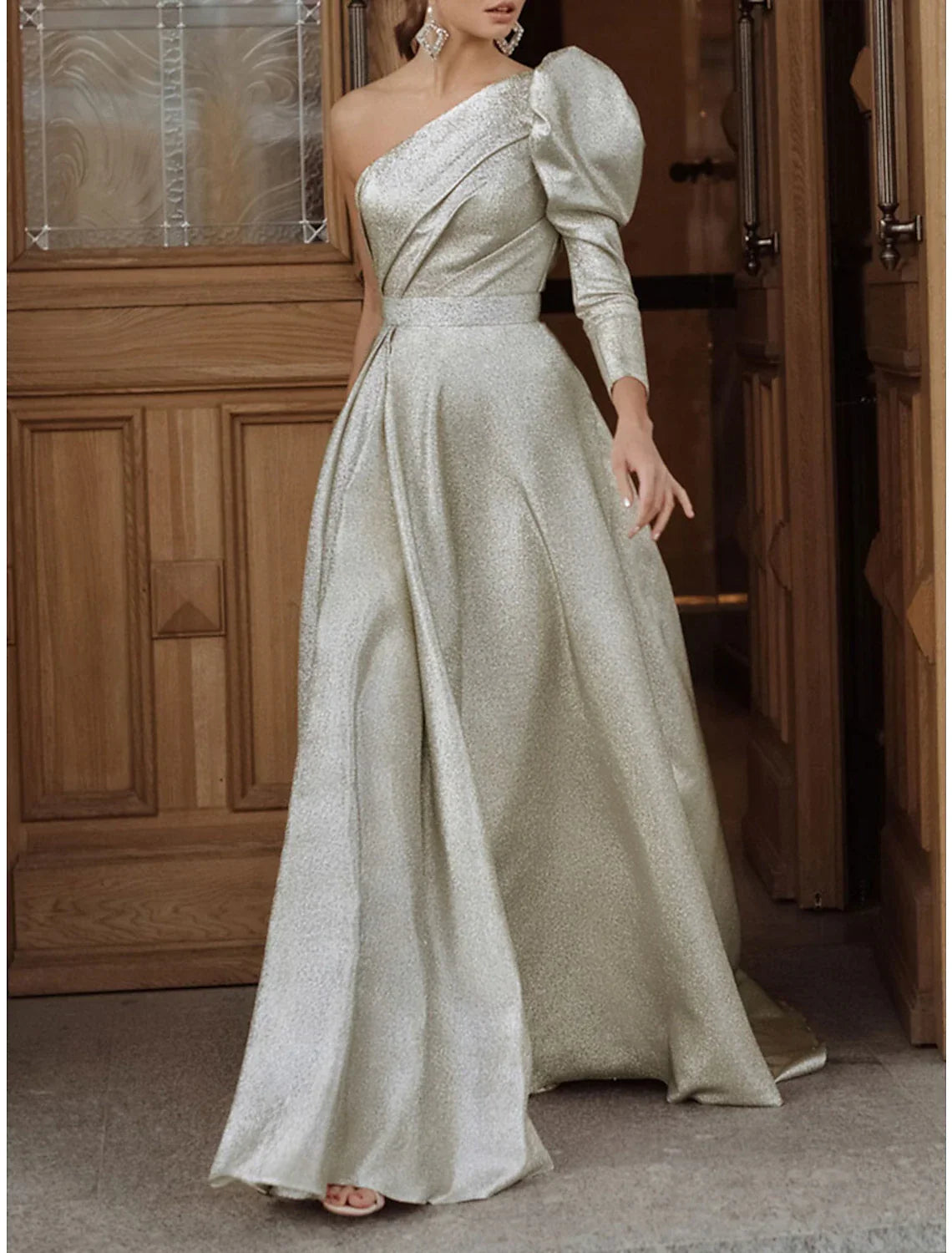 Evening Gown Maxi Dress Formal Wedding Guest Floor Length Long Sleeve One Shoulder with Pleats