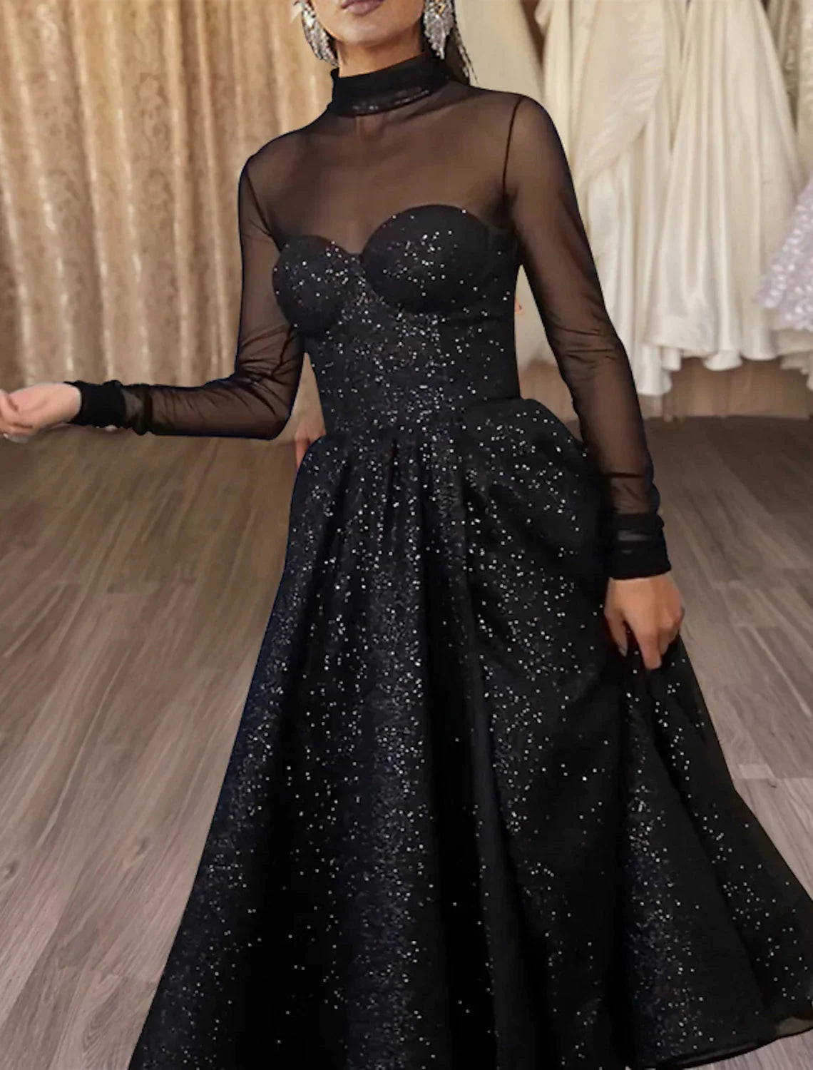 Cocktail Dresses Sparkle & Shine Dress Wedding Guest Party Wear Tea Length Long Sleeve High Neck Wednesday Addams Family with Glitter Slit