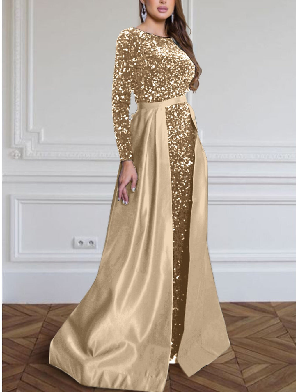 Black Evening Gown Sparkle & Shine Dress Plus Size Formal Fall Sweep / Brush Train Long Sleeve Jewel Neck with Glitter Pleats