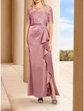 Mother of the Bride Dress Wedding Guest Elegant Scoop Neck Ankle Length Short Sleeve with Split Front Ruching